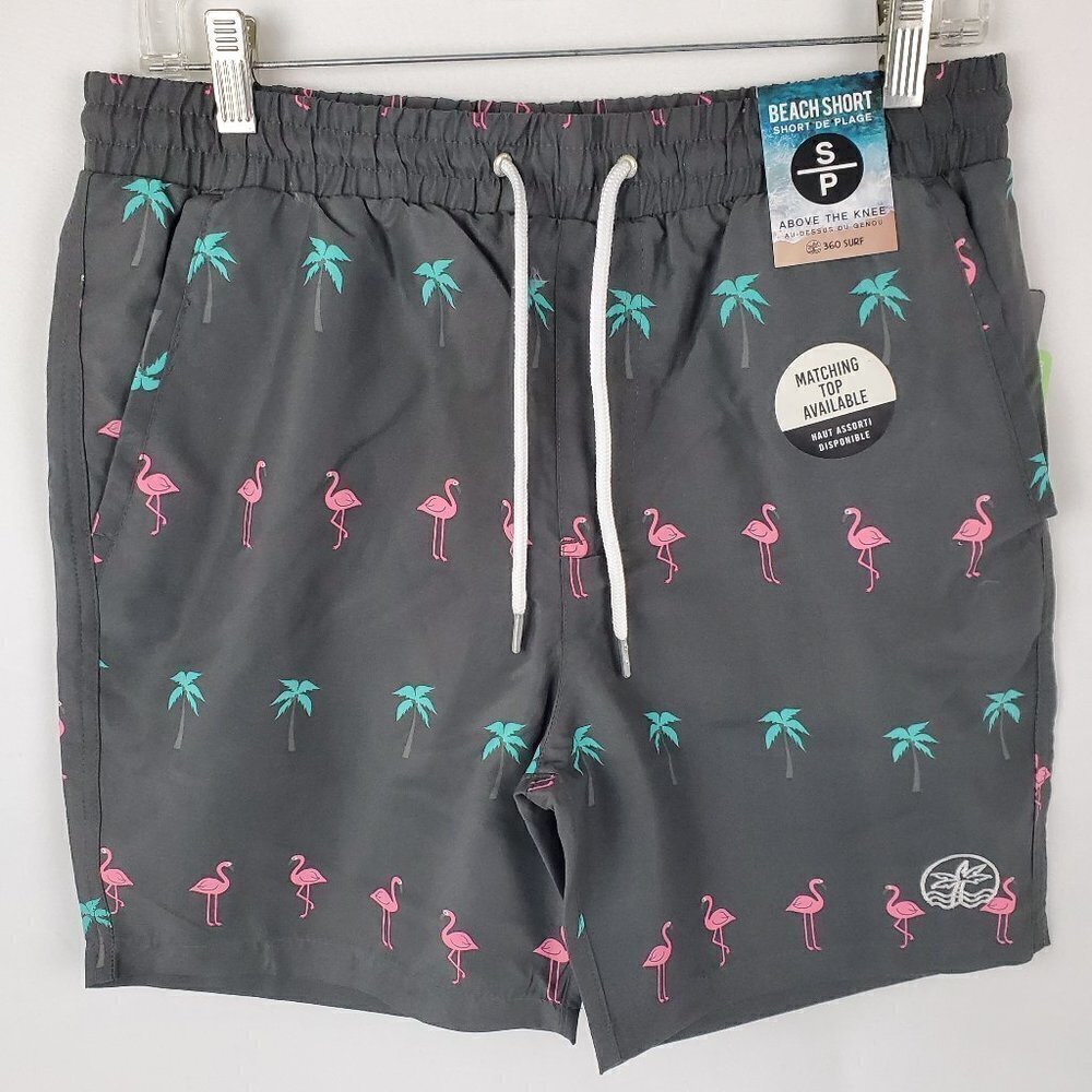 NWT 360 Surf Men's Beach Shorts Black w/ Flamingo and Palm Tree Recycled Poly